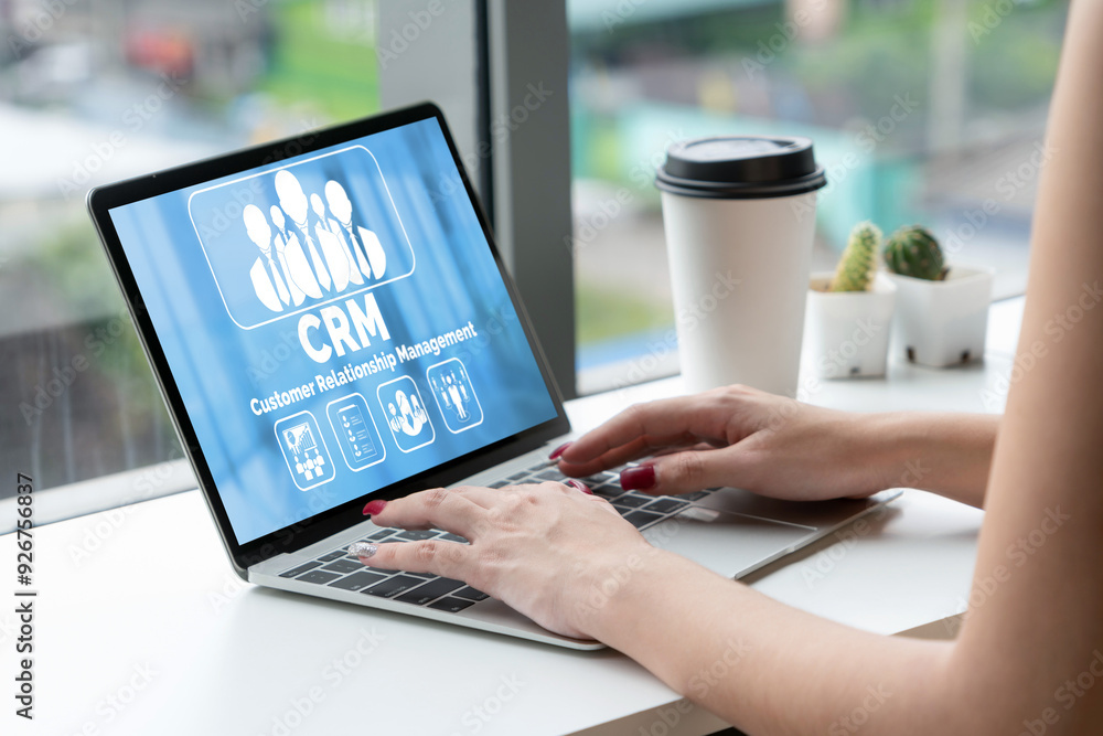 Poster customer relationship management system on modish computer for crm business and enterprise