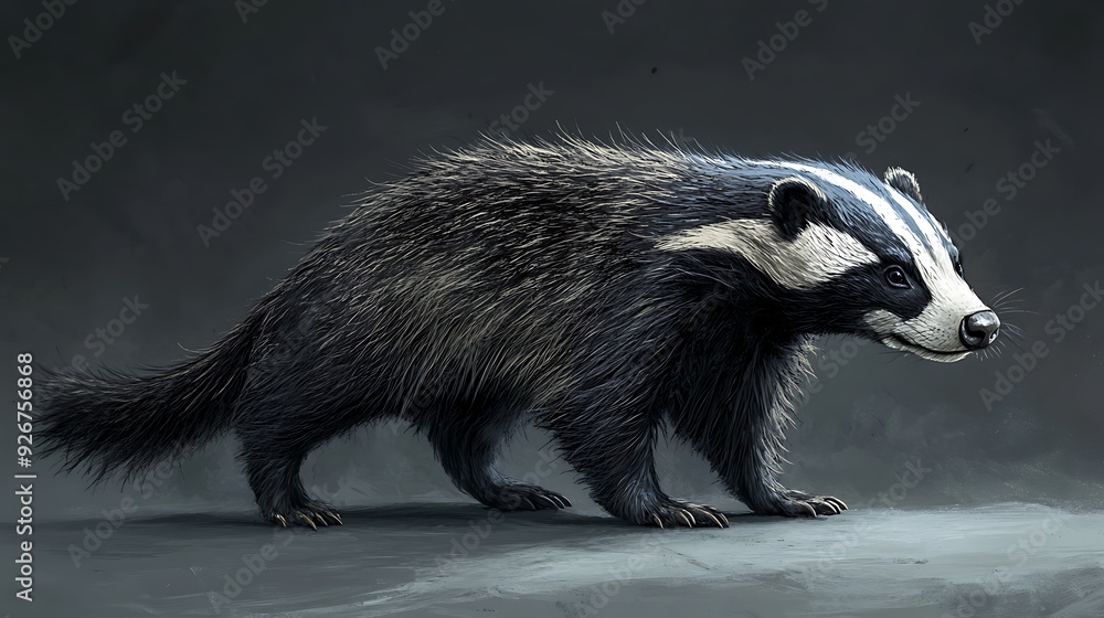 Poster a black and white badger with sharp claws stands on a gray surface.