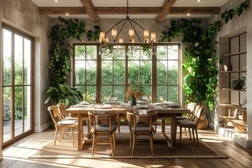 Fototapeta premium Stunning bright and airy dining room with large windows, lush garden views, wooden furniture, plants, chandelier, and natural sunlightBright