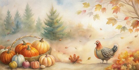 Autumn landscape with pumpkins, a candle, and a pheasant, symbolizing the bountiful harvest and warmth of the season. Watercolor illustration perfect for Thanksgiving, fall, and seasonal celebrations