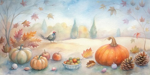 Autumn landscape with pumpkins, a candle, and a pheasant, symbolizing the bountiful harvest and warmth of the season. Watercolor illustration perfect for Thanksgiving, fall, and seasonal celebrations