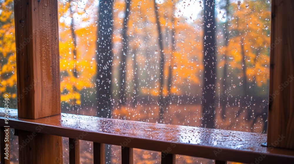 Poster a view of a window with rain drops on it and trees in the background, ai