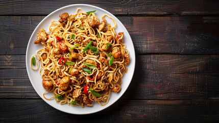 Teriyaki chicken and udon noodles stir-fry with green onions, chili peppers and sesame seeds on a wooden table plate