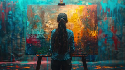 Young female artist with long hair standing in front of an abstract colorful canvas, creating vibrant artwork in a spacious studio with splattered paint backgroundartist