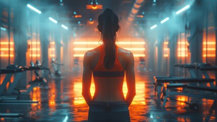 Determined female athlete in bright sports bra stands confidently in futuristic, neon-lit gym environment with pristine workout equipmentFitness