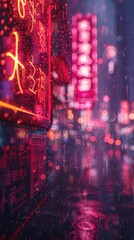 Fototapeta premium Vibrant Neon Cityscape at Night with Illuminated Japanese Signs and Blurred Lights in the Rain Creating a Moody Urban Atmosphereneon lights