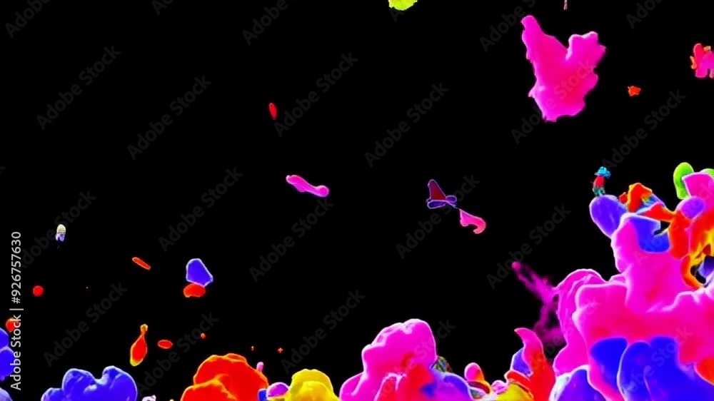 Poster colorful abstract shapes and particles floating on a black background, creating a dynamic visual eff