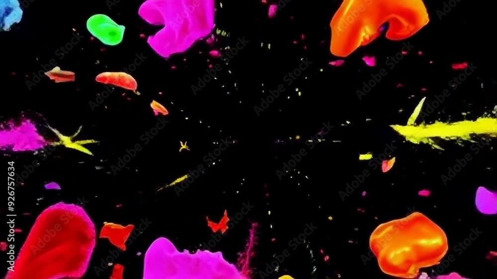 Poster a burst of vibrant pink, orange, and blue abstract shapes and particles exploding on a black backgro