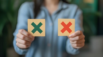 women holding wooden blocks with x marks