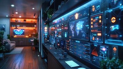 Futuristic Control Room with Multiple Digital Screens and Advanced Analytics in Modern Office Environment at Nighttechnology