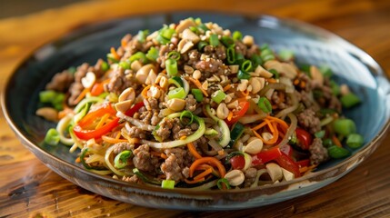 Gourmet venison zoodle salad with cabbage and peppers, topped with green onions and crushed peanuts