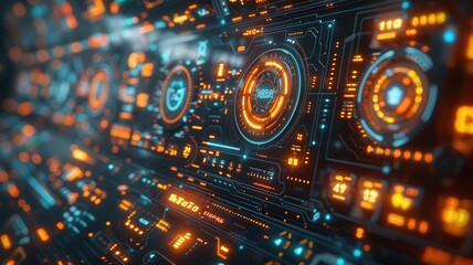 Futuristic digital interface with complex data visualization, holographic elements, and vibrant neon lights depicting abstract technology dashboardtechnology