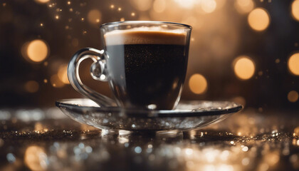 A deep, rich espresso served in a cup made from a polished meteorite, with a layer of stellar foam