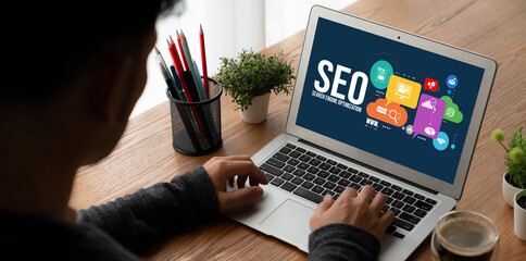SEO search engine optimization for modish e-commerce and online retail business showing on computer...