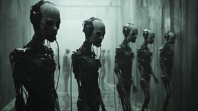 Row of skeletal robots in a misty corridor, symbolizing dehumanization and the rise of autonomous machines