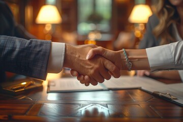 Close-up of Professional Handshake Between Business Partners in Elegant Office Setting with Warm Lighting and Background Focus on Documents, Symbolizing Agreement and Trust.handshake