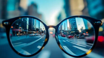 eyeglasses with reflection of busy city street