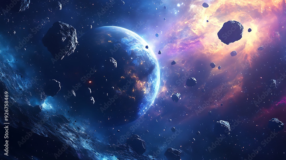 Poster a blue planet with bright blue and orange nebulae in the background and asteroids floating around it