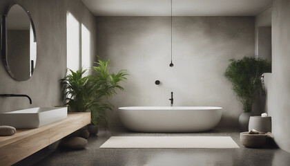 A minimalist bathroom with a focus on natural materials, featuring a large stone sink and a rainfall