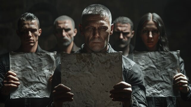 The eerie and striking lineup of four individuals holding cryptic parchment papers in a shadowy, moody atmosphere, symbolizing mystery and secrets.Mystery