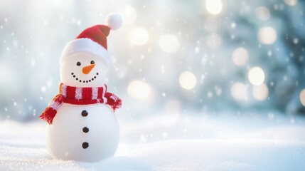 Fototapeta premium A snowman wearing a red and white scarf sitting on top of some snowy ground, AI