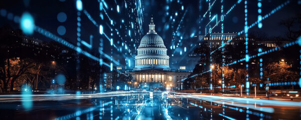The US Capitol is depicted with dynamic blue and red streaks, representing the merging of technology with the political landscape.
