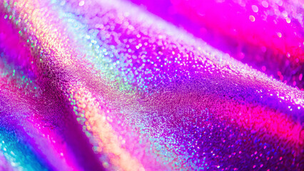 Photo of holographic real texture in rainbow colors, colorful iridescent surface. Holographic color wrinkled foil. Colored glitter. Shining background
