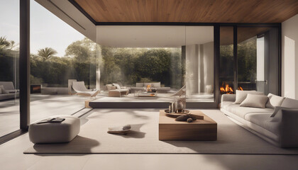 A modern living room that seamlessly flows into an outdoor terrace, thanks to large, sliding glass 