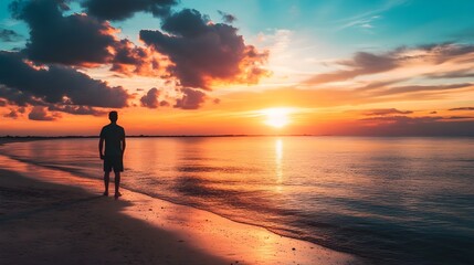 person walking along beach at sunset