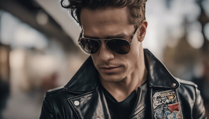 Fototapeta premium A musicians torso in a black leather jacket, zipped halfway, with dark, aviator sunglasses