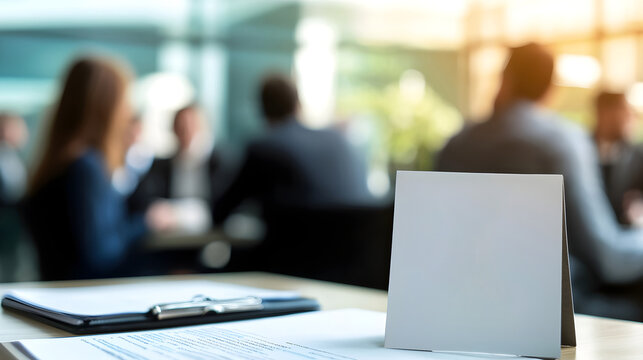 empty business card on desk with blurred office meeting background