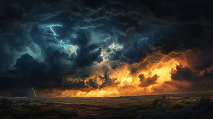 A dramatic thunderstorm over the Great Plains, with lightning striking in multiple places and dark clouds gathering above. The scene captures the intense weather conditions, showcasing the natural cha