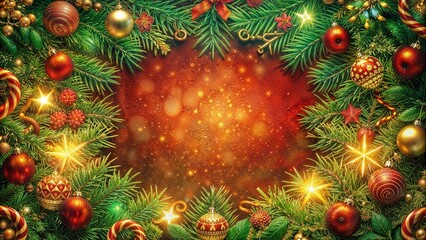 Festive Christmas wreath with sparkling ornaments and glowing lights, with copy space