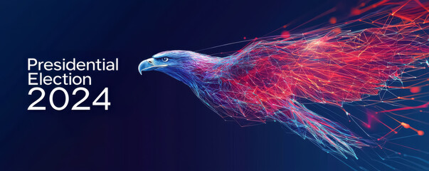 A futuristic digital illustration of an eagle in flight with streaks of red and blue neon light, symbolizing the momentum of the 2024 presidential election.