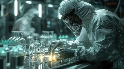 Scientists in protective suits working in a sterile laboratory setting conducting experiments with glass vials under controlled conditionsresearch
