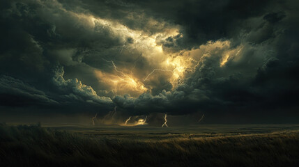 A dramatic thunderstorm over the Great Plains, with lightning striking in multiple places and dark clouds gathering above. The scene captures the intense weather conditions, showcasing the natural cha
