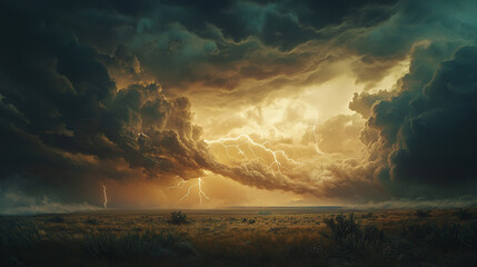 A dramatic thunderstorm over the Great Plains, with lightning striking in multiple places and dark clouds gathering above. The scene captures the intense weather conditions, showcasing the natural cha