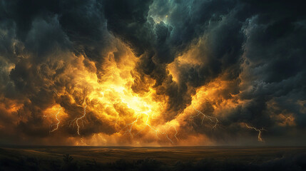 A dramatic thunderstorm over the Great Plains, with lightning striking in multiple places and dark clouds gathering above. The scene captures the intense weather conditions, showcasing the natural cha