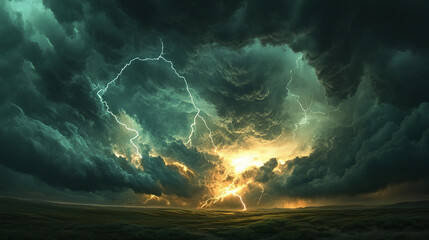 A dramatic thunderstorm over the Great Plains, with lightning striking in multiple places and dark clouds gathering above. The scene captures the intense weather conditions, showcasing the natural cha