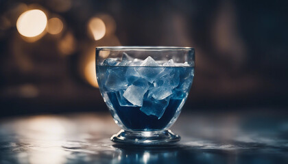 A refreshing lunar ice tea served in a silver chalice, with floating, glowing ice shards that slowly