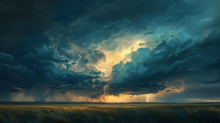 A dramatic thunderstorm over the Great Plains, with lightning striking in multiple places and dark clouds gathering above. The scene captures the intense weather conditions, showcasing the natural cha