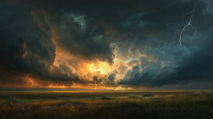 A dramatic thunderstorm over the Great Plains, with lightning striking in multiple places and dark clouds gathering above. The scene captures the intense weather conditions, showcasing the natural cha