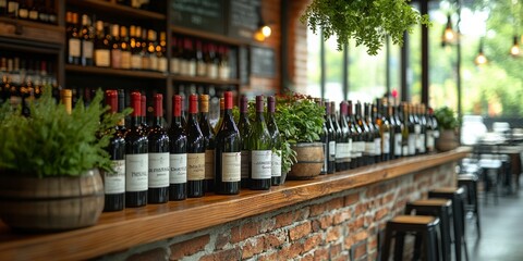 A row of wine bottles on a counter in an upscale restaurant, highlighting quality and uniqueness.