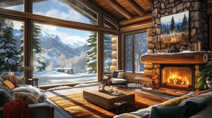 A living room with a fireplace and windows overlooking the snow covered mountains, AI