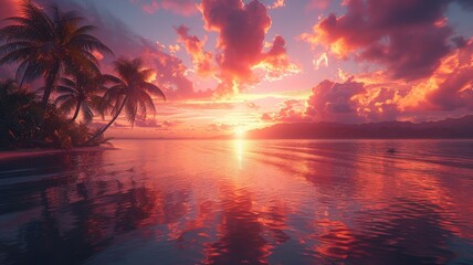Stunning tropical sunset over calm ocean with vibrant colorful sky, palm trees silhouetted against the glowing horizon and tranquil water reflectionsTropical sunset