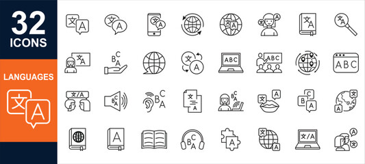 Language flat 32 icons set. Speaking, translate, speak, communication, speech, grammar, dialect icons and more signs. Flat icon collection.