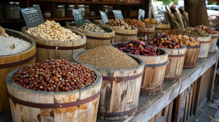 Fototapeta premium Natural market booth with assorted nuts, seeds, and dried fruits in wooden bins realistic image