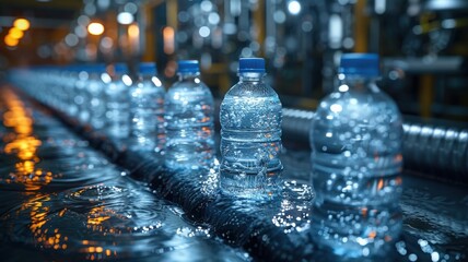 Row of plastic water bottles on automated conveyor belt in a modern beverage production factory showcasing industrial technology and clean manufacturingbottled water