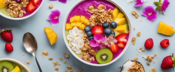 A top-down view of colorful smoothie bowls made with tropical fruits like mango, dragon fruit