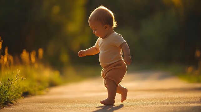 A baby boy takes his first steps on a path in the golden light of sunset.